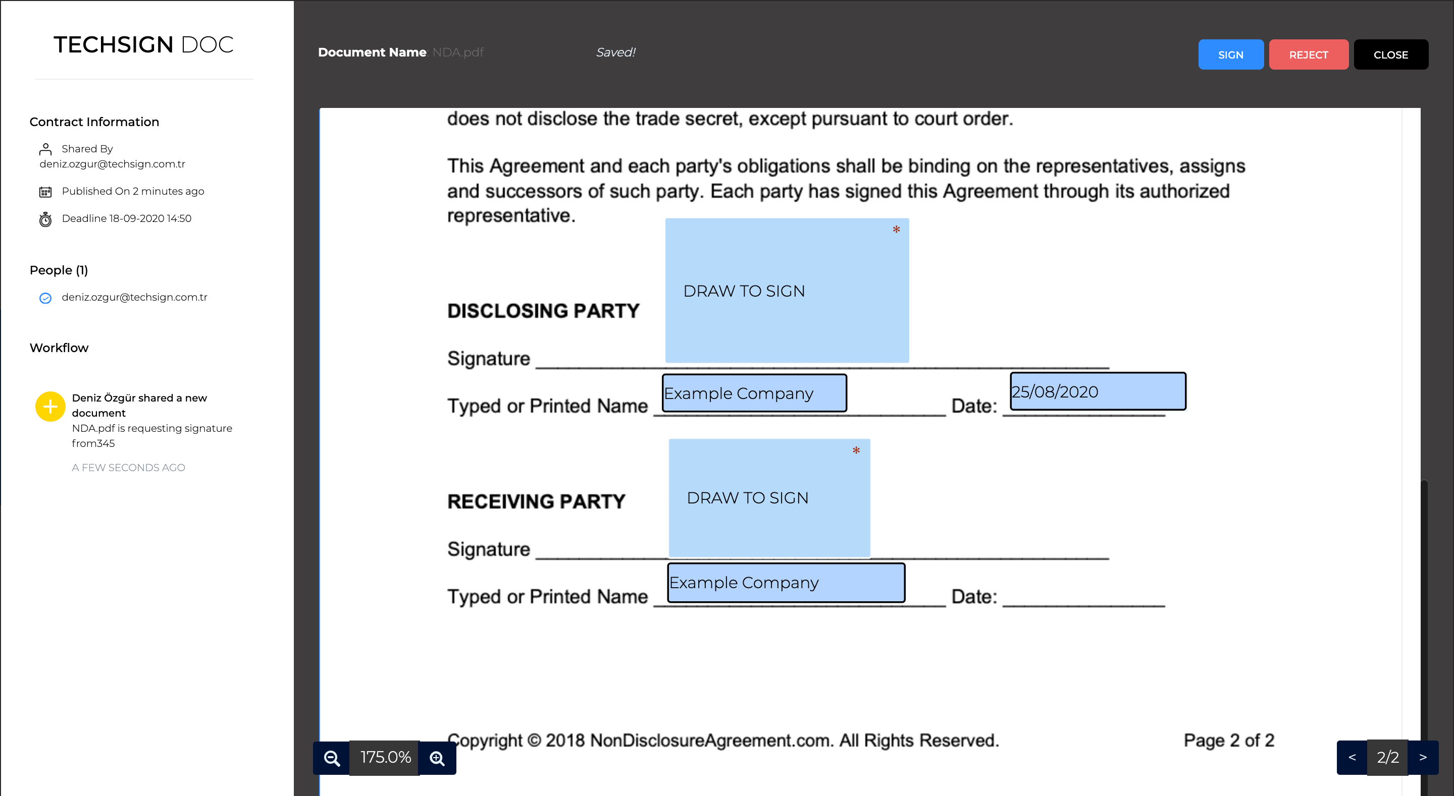 Techsign DOC Document Signing Platform Dashboard Recipient Page For Signing PDF Documents