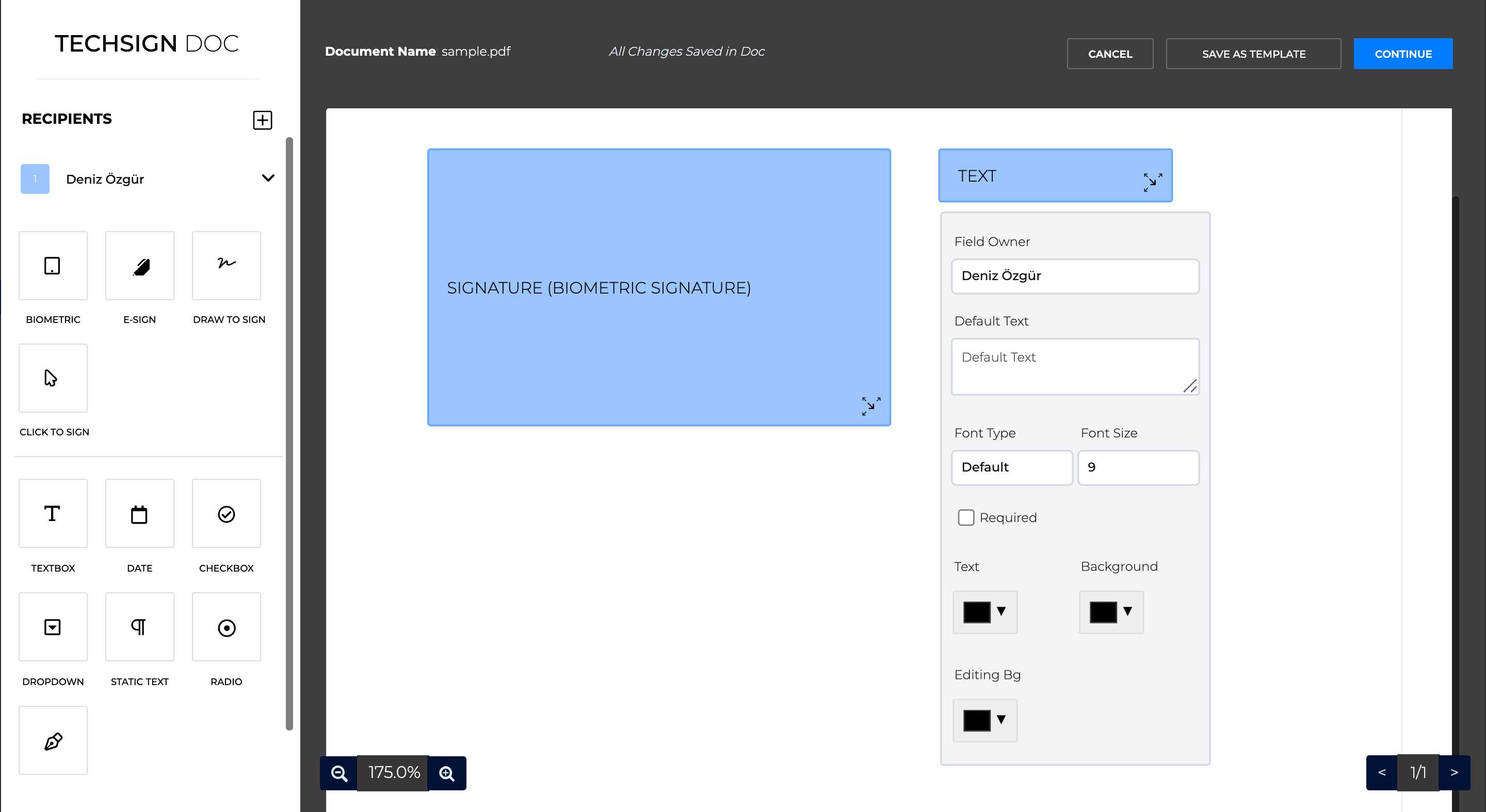 Techsign DOC Dashboard place components and edit document page
